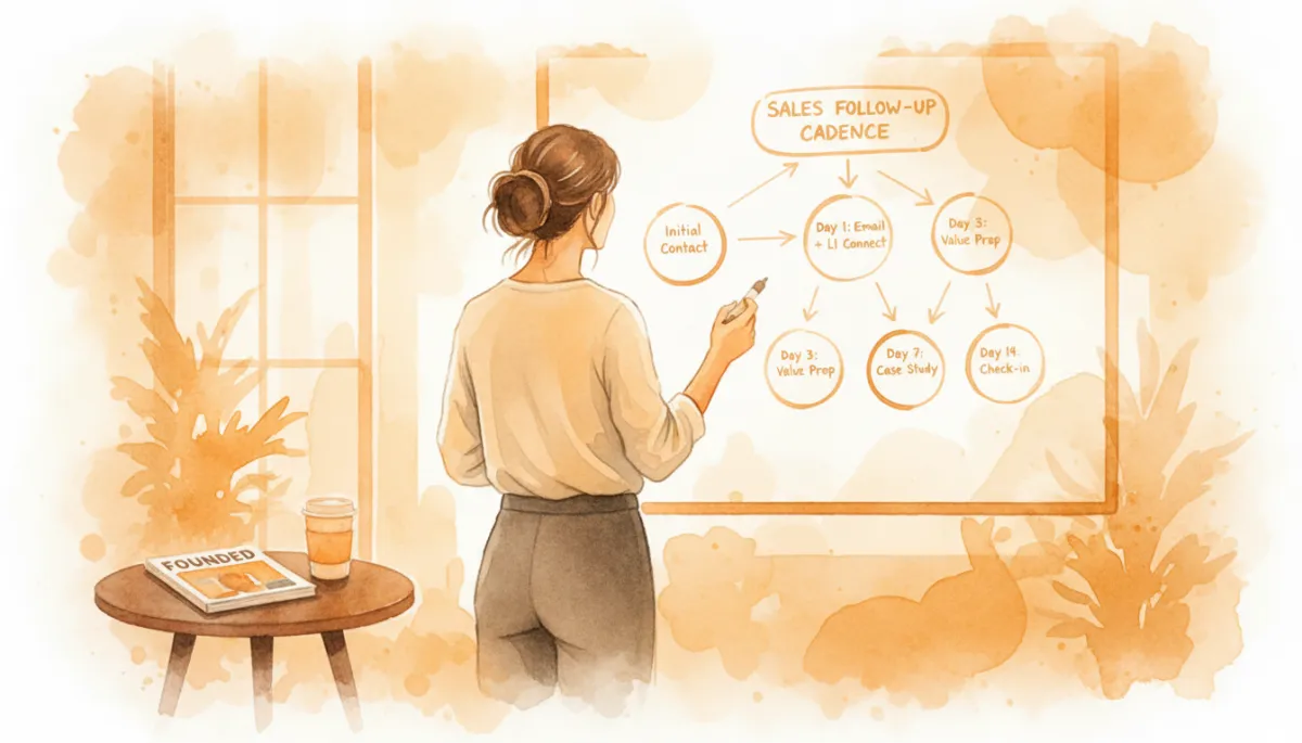 Female founder mapping a professional sales follow-up cadence on a whiteboard
