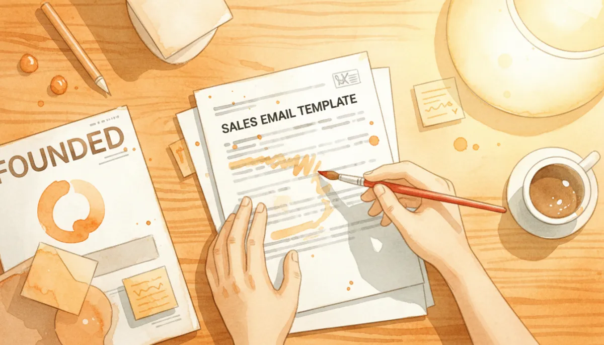 Founder reviewing printed sales email templates in an amber-toned workspace
