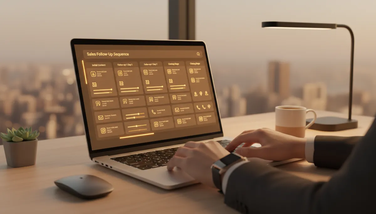 Laptop showing a structured founder-led sales follow-up sequence
