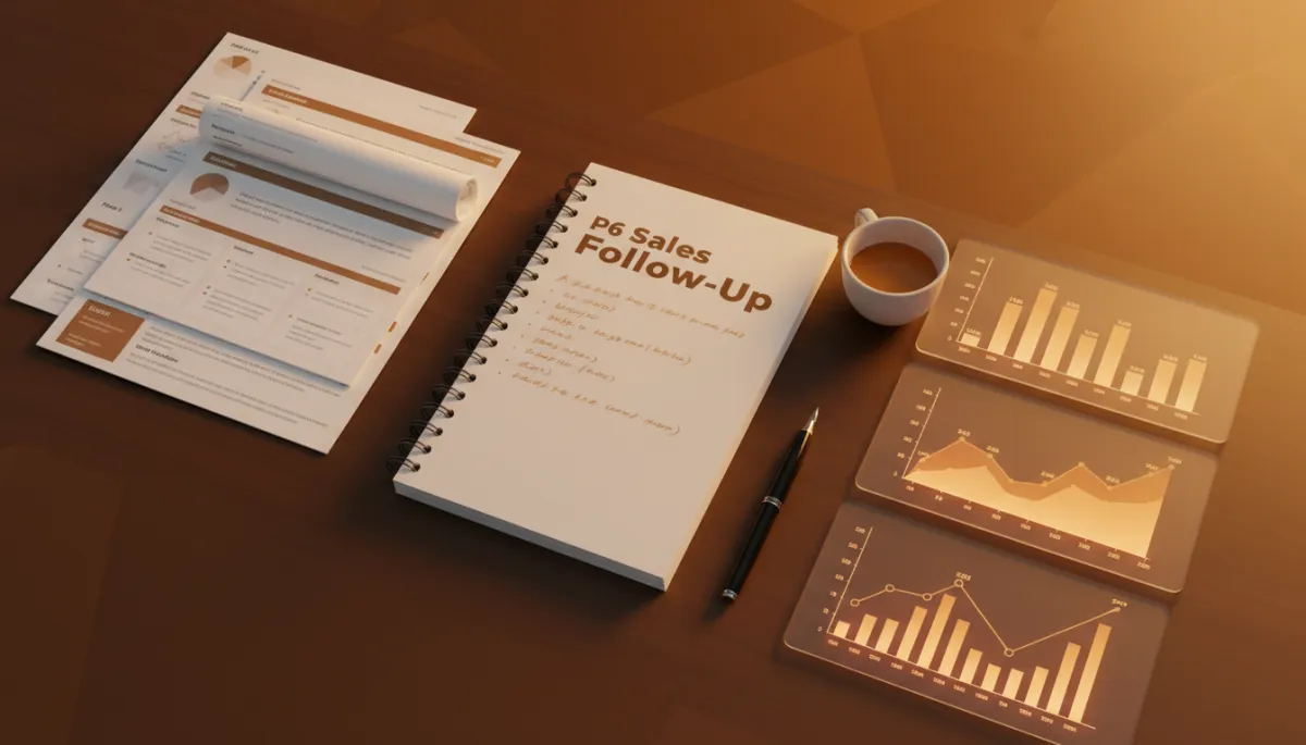 Desk with printed sales email templates and P6 Sales Follow-Up notes
