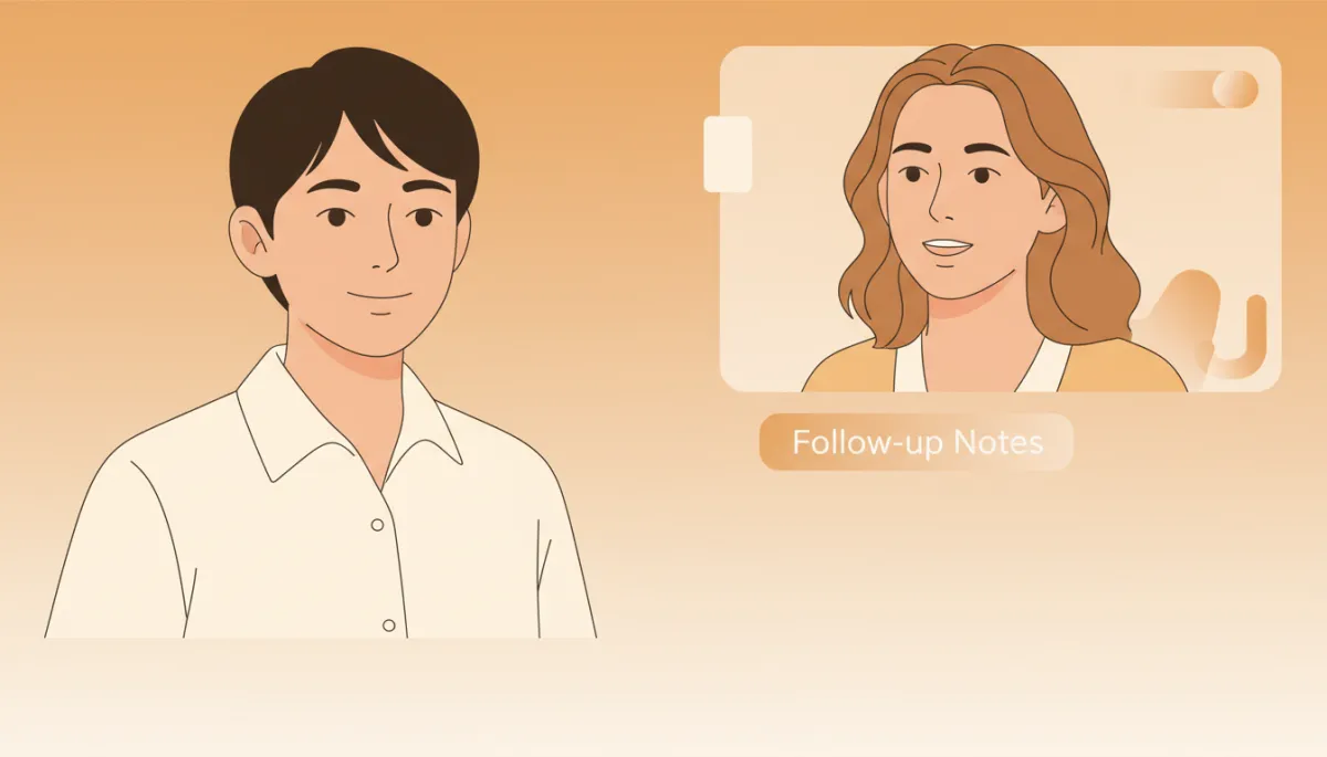 Founder on a video call with a warm lead, guided by follow-up notes