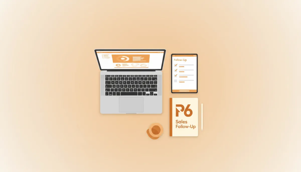 Founder’s desk with a P6 Sales Follow-Up checklist next to a laptop