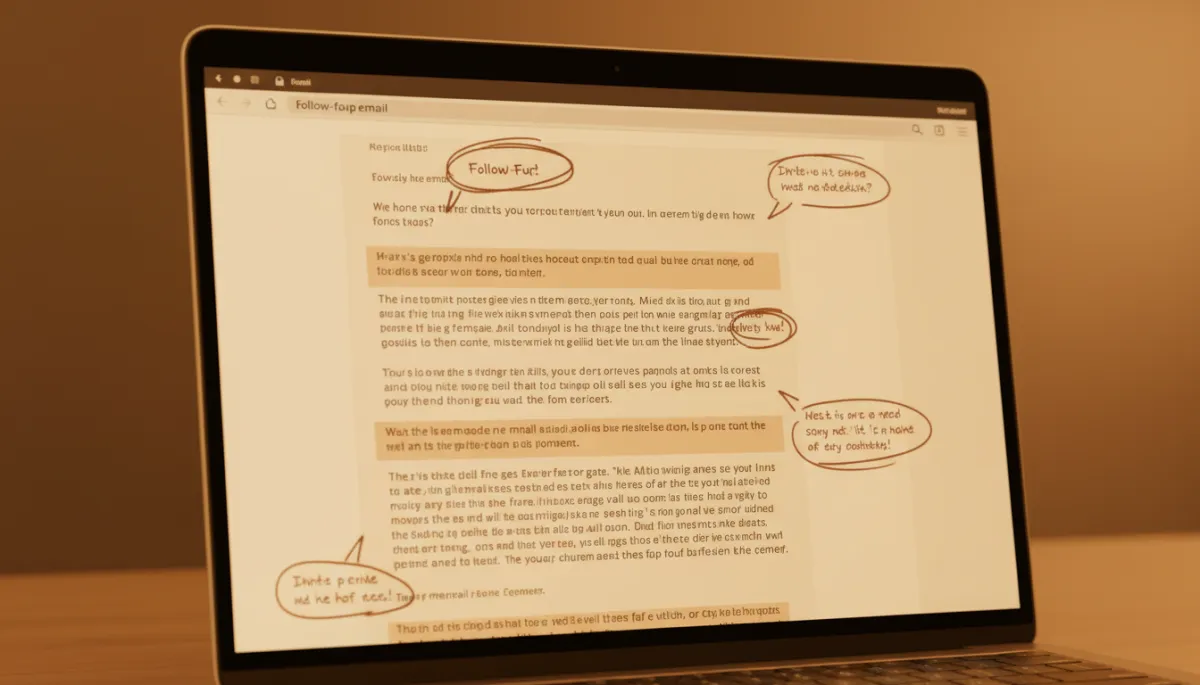 Annotated sales follow-up email on a laptop screen