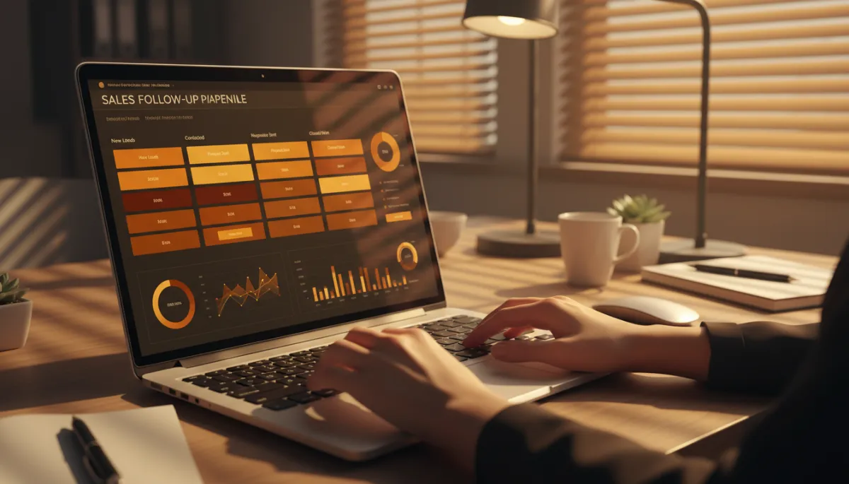 Sales follow-up pipeline dashboard on a laptop with amber highlights