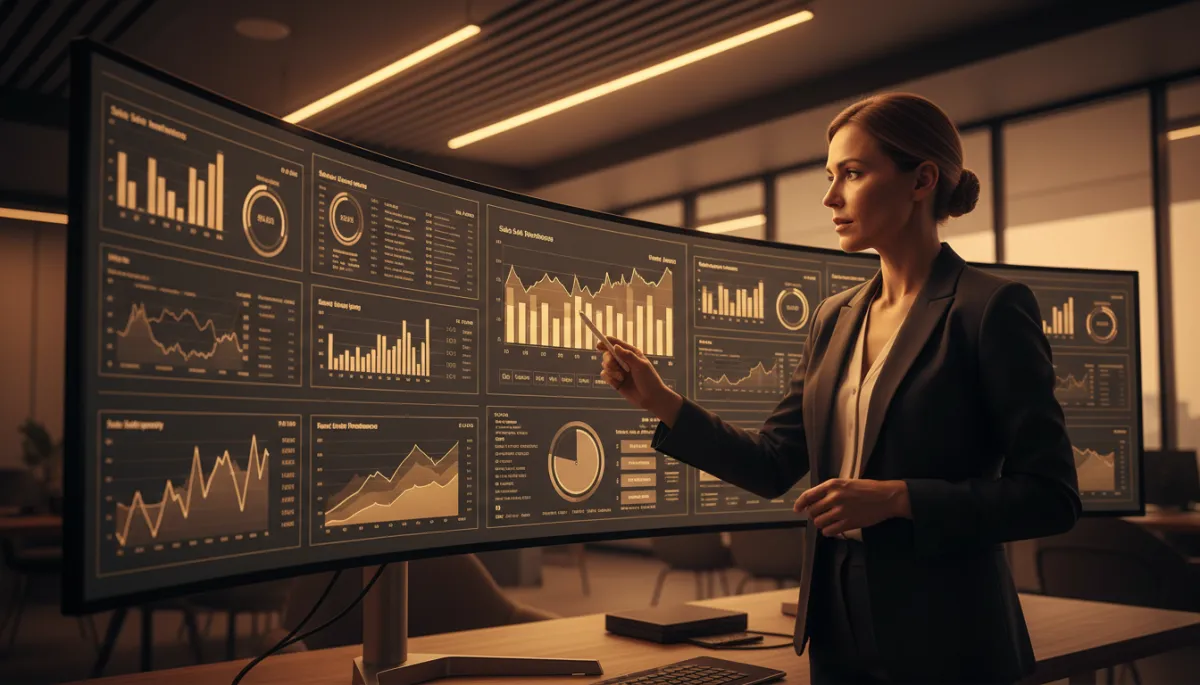 Founder reviewing sales and follow-up performance metrics on a monitor