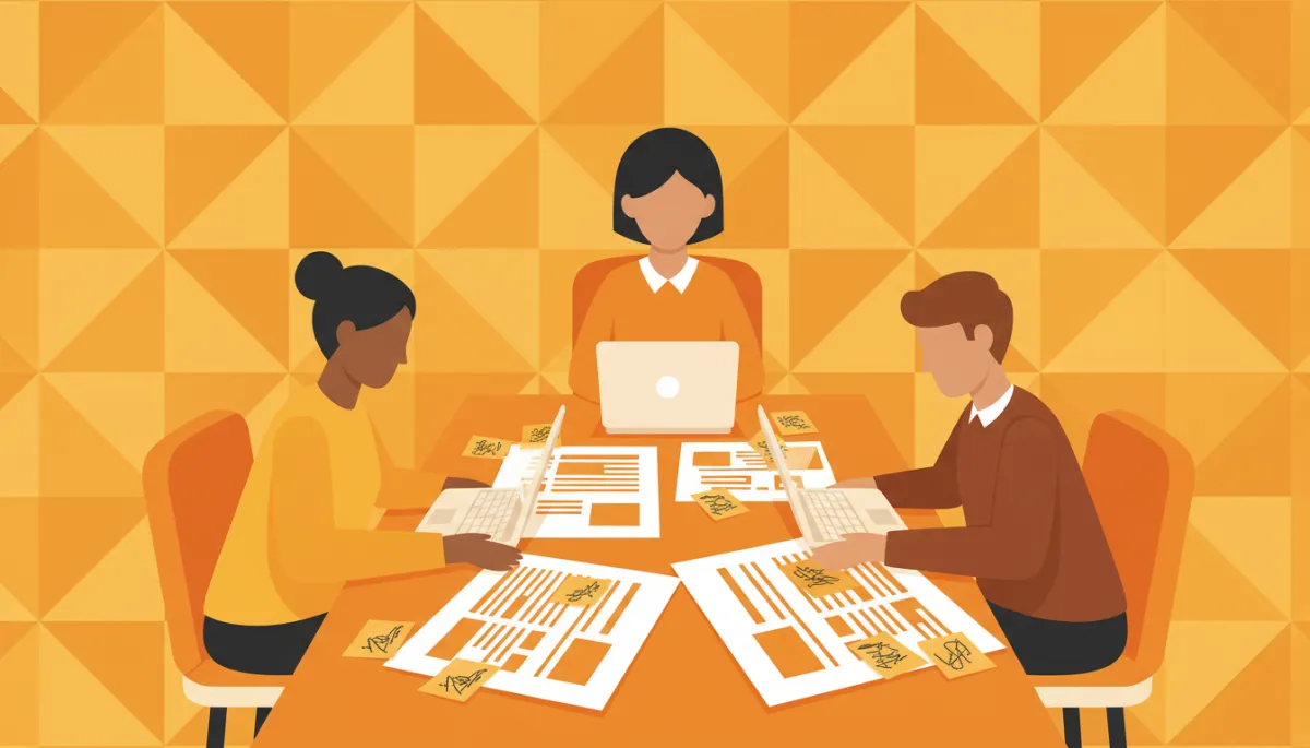 Founders reviewing printed introduction email templates in a meeting