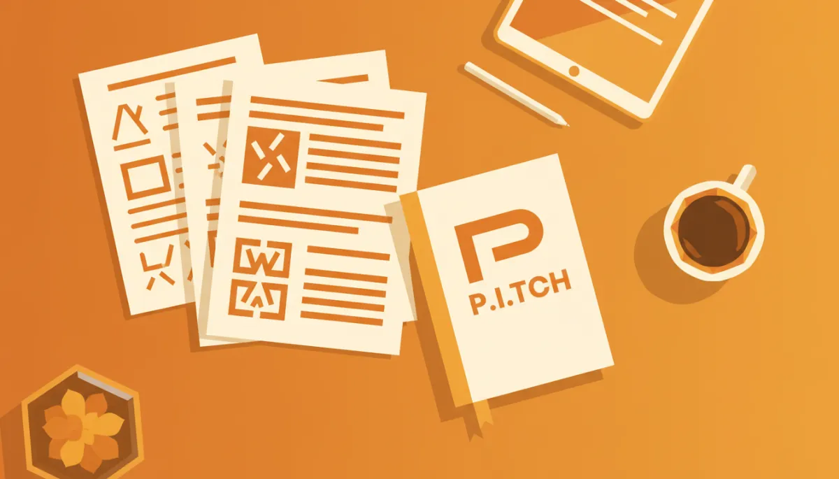 Founder’s desk with printed email frameworks and a P.I.T.C.H. notebook