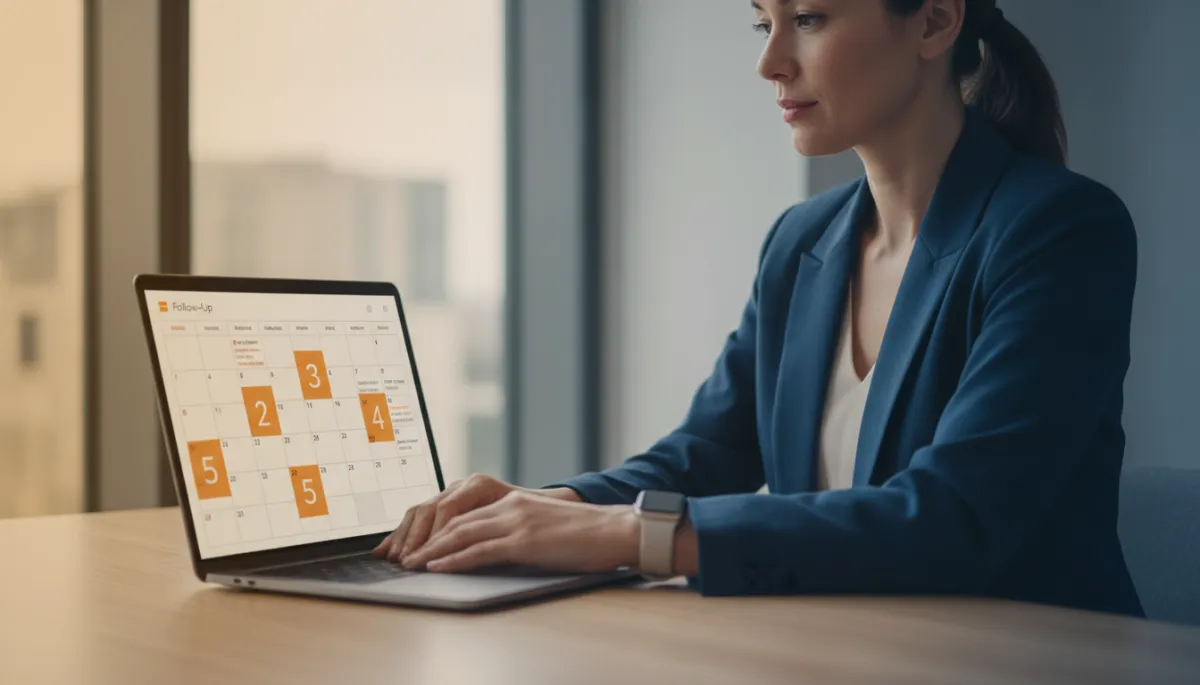 Founder reviewing a 5-touch email follow-up schedule on a calendar