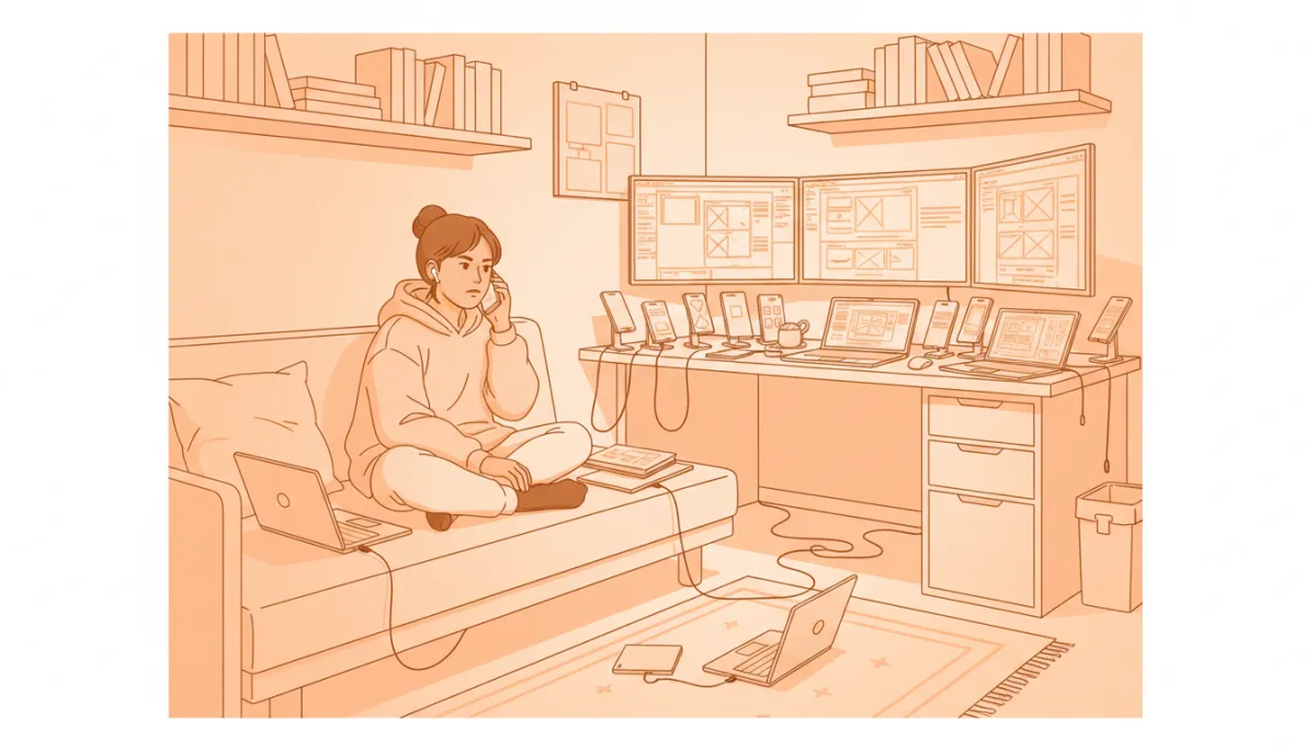 Young founder in a small room making persistent outreach calls
