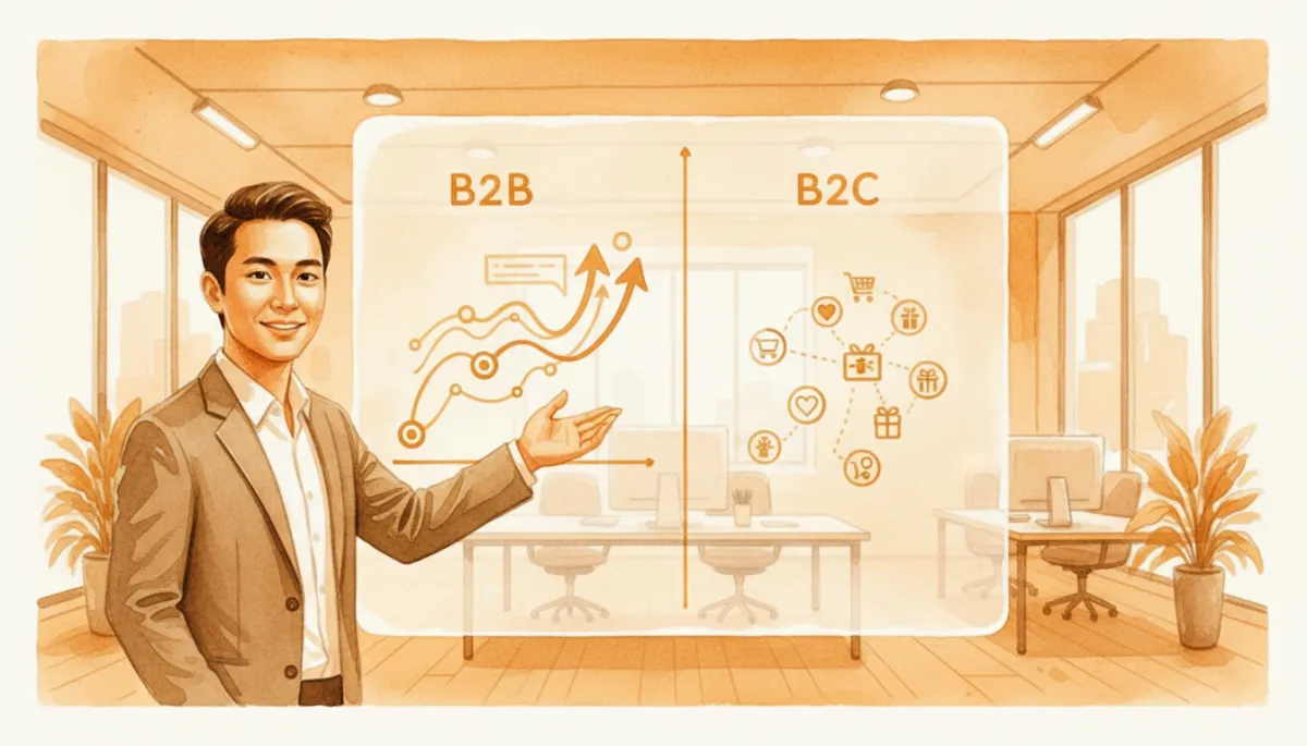 professional amber-toned split-screen visual comparing B2B and B2C email traits on a large monitor, founder pointing at B2B side, modern office background