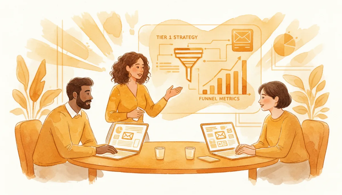 professional amber-toned roundtable of three founders reviewing email funnel metrics on laptops, charts projected on wall, collaborative Tier 1 strategy session