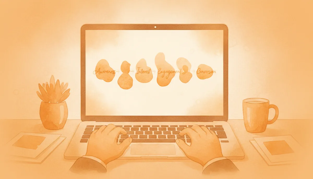 professional amber-toned close-up of a laptop screen showing a simple 4-stage B2B email sequence diagram, founder’s hands on keyboard, minimal modern desk setup