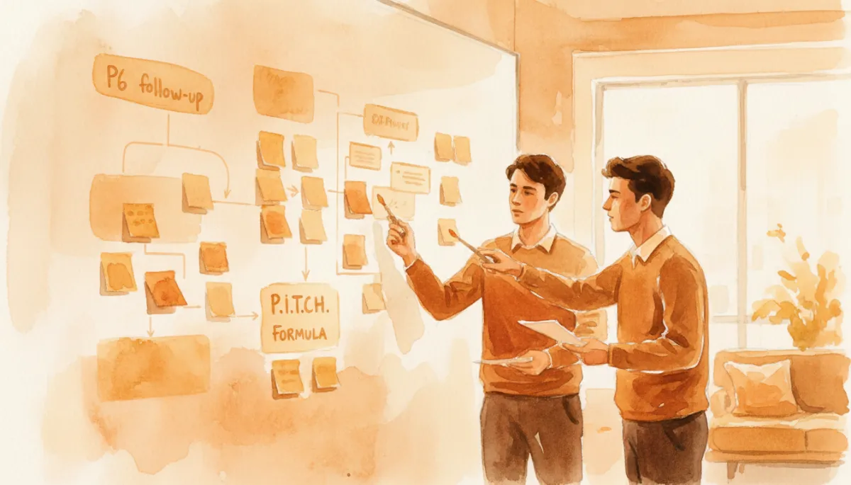 professional amber-toned whiteboard session where a founder and advisor map the P6 follow-up and P.I.T.C.H. formula on sticky notes, collaborative office setting