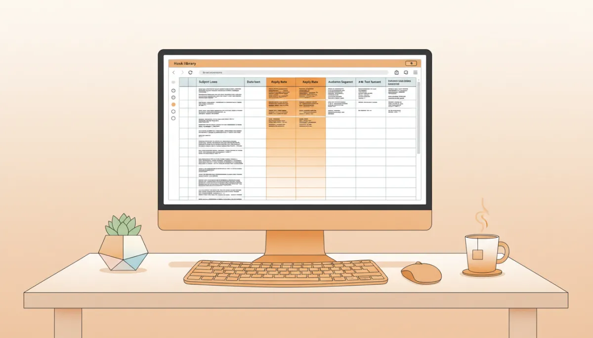 professional photorealistic desktop setup showing a founder’s ‘hook library’ spreadsheet on screen with amber-highlighted subject lines and reply-rate columns, tidy workspace