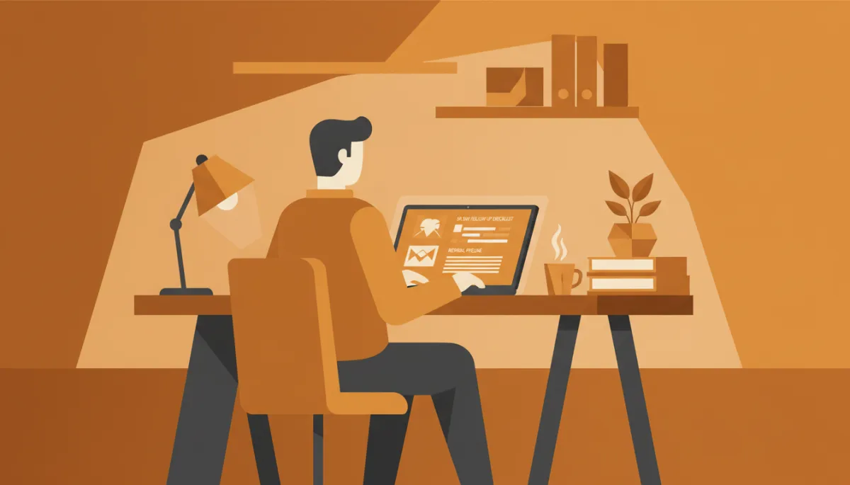 Founder reviewing a 90-day follow-up checklist and referral pipeline on a laptop