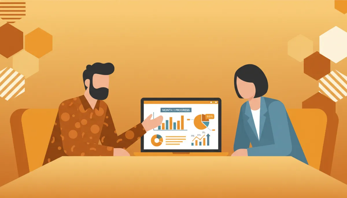 Founder and customer reviewing a 30-day progress report with charts and metrics