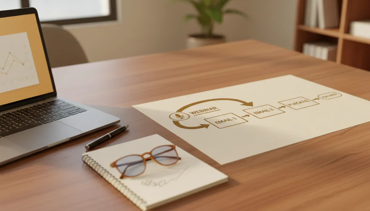 Diagram of three-part webinar follow up email sequence on founder's desk