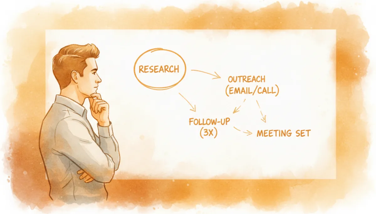 Whiteboard showing a multi-step prospecting and follow-up flow