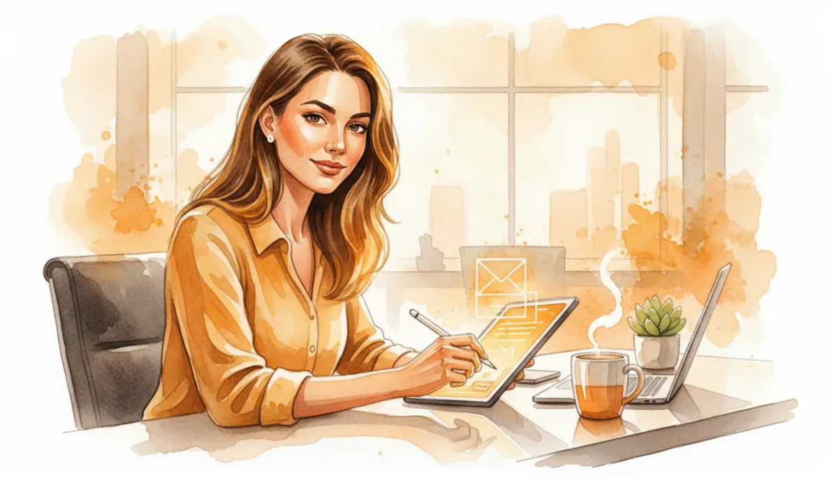 Female founder crafting prospecting emails in a modern office