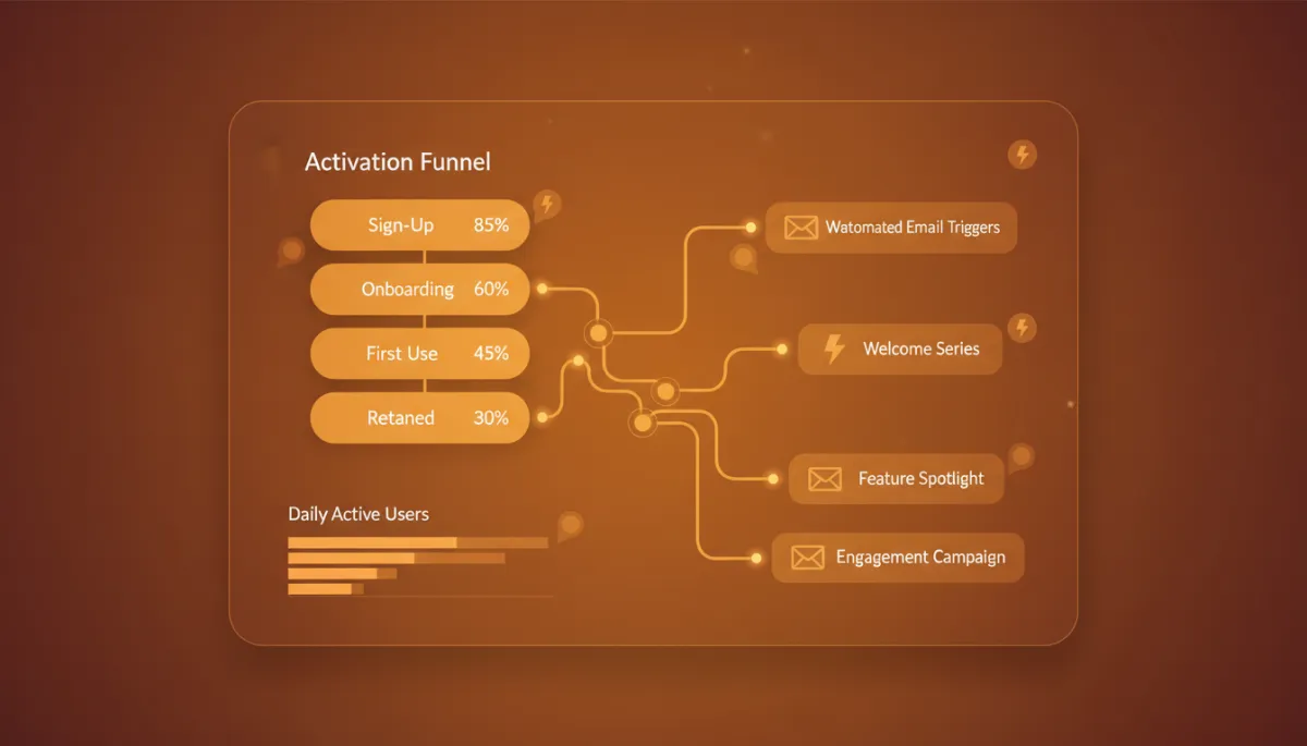 Dashboard showing SaaS activation metrics connected to automated email triggers
