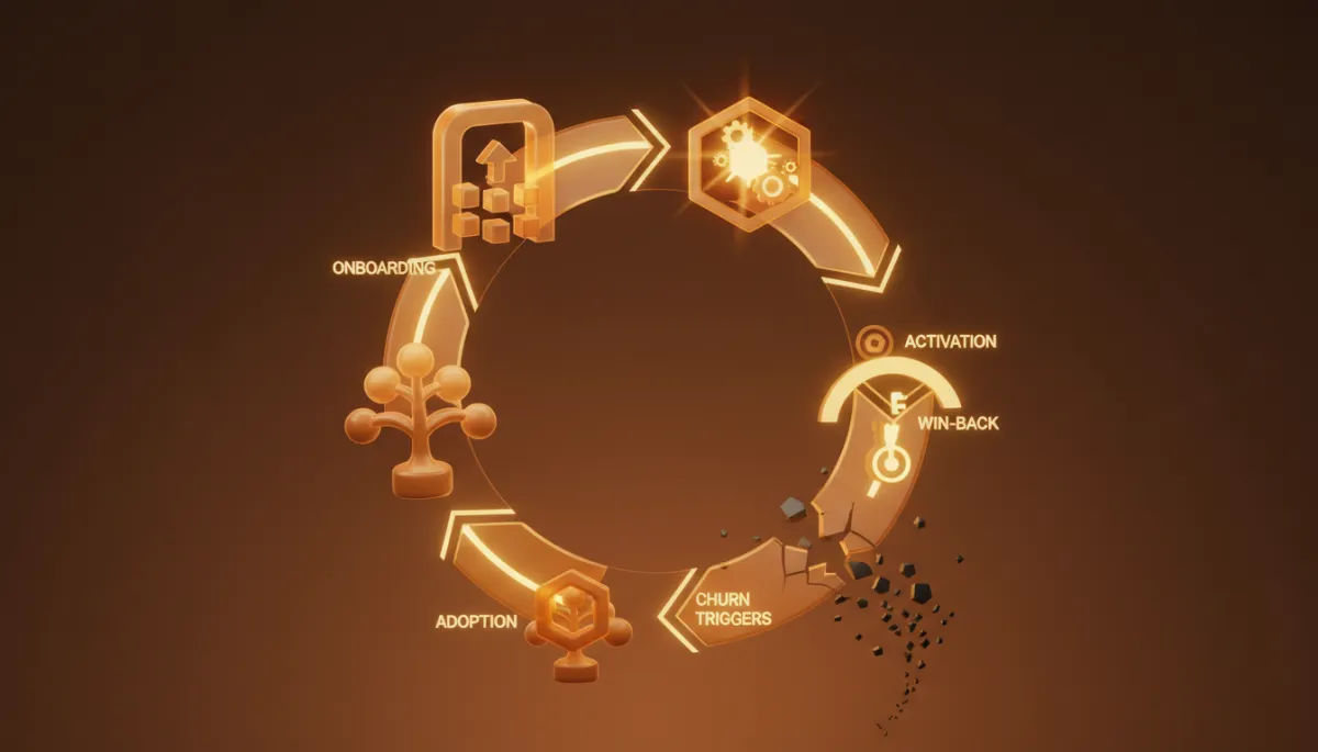 Lifecycle loop diagram showing key SaaS email flows from onboarding to win-back