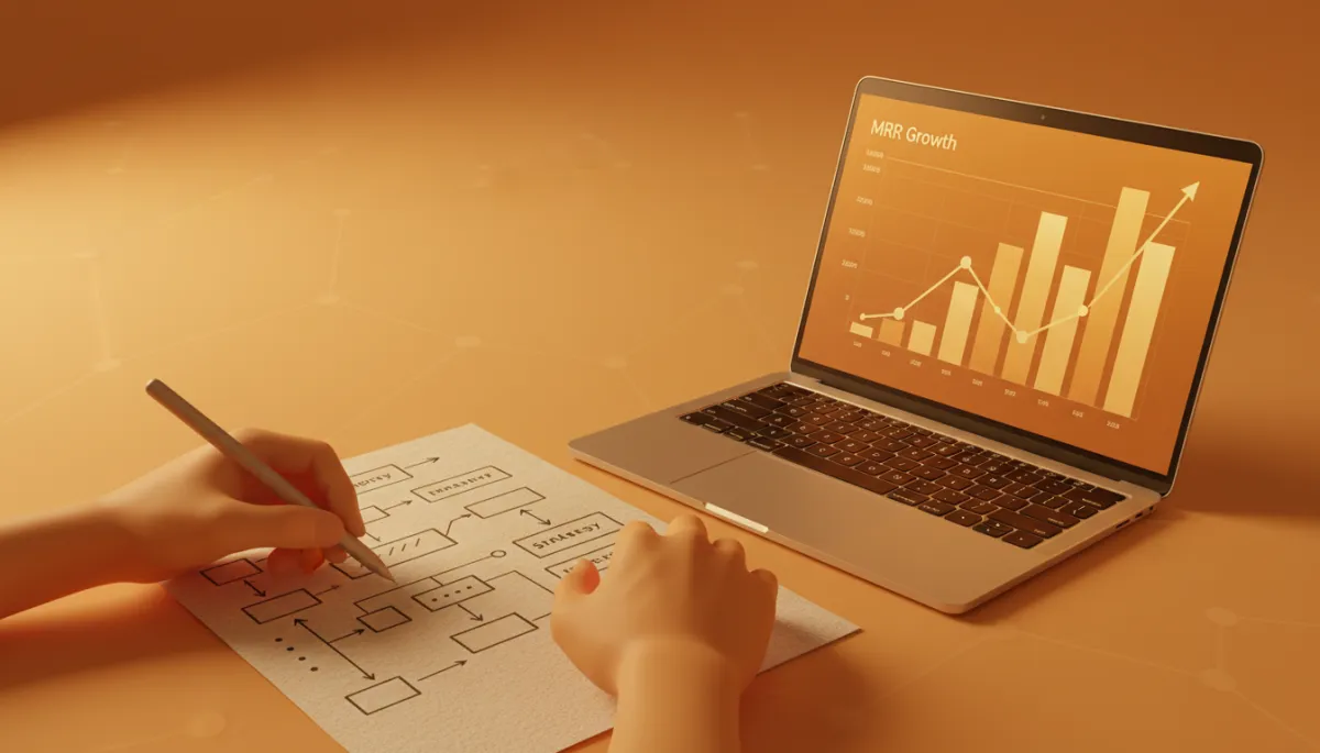 Founder drafting SaaS email strategy next to MRR growth charts