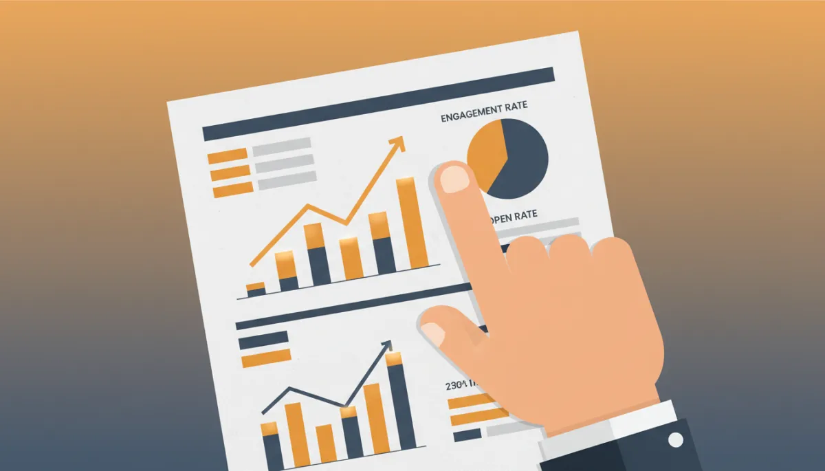 Founder highlighting key performance metrics on a printed B2B newsletter report