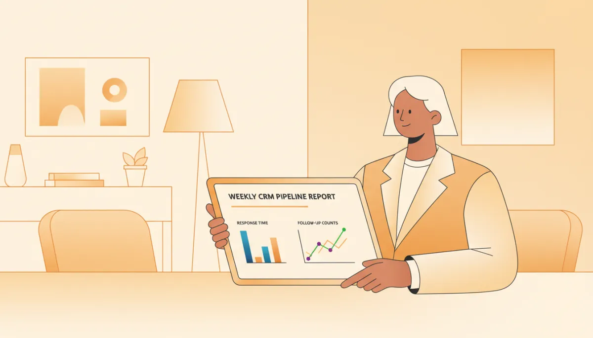 Founder reviewing weekly CRM follow-up metrics on a tablet with amber charts