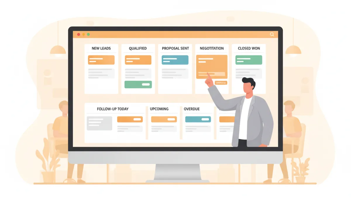 CRM pipeline with visible follow-up dates and stalled deals highlighted in amber