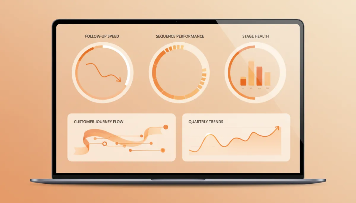 CRM analytics dashboard with amber highlights showing follow-up speed and sequence performance