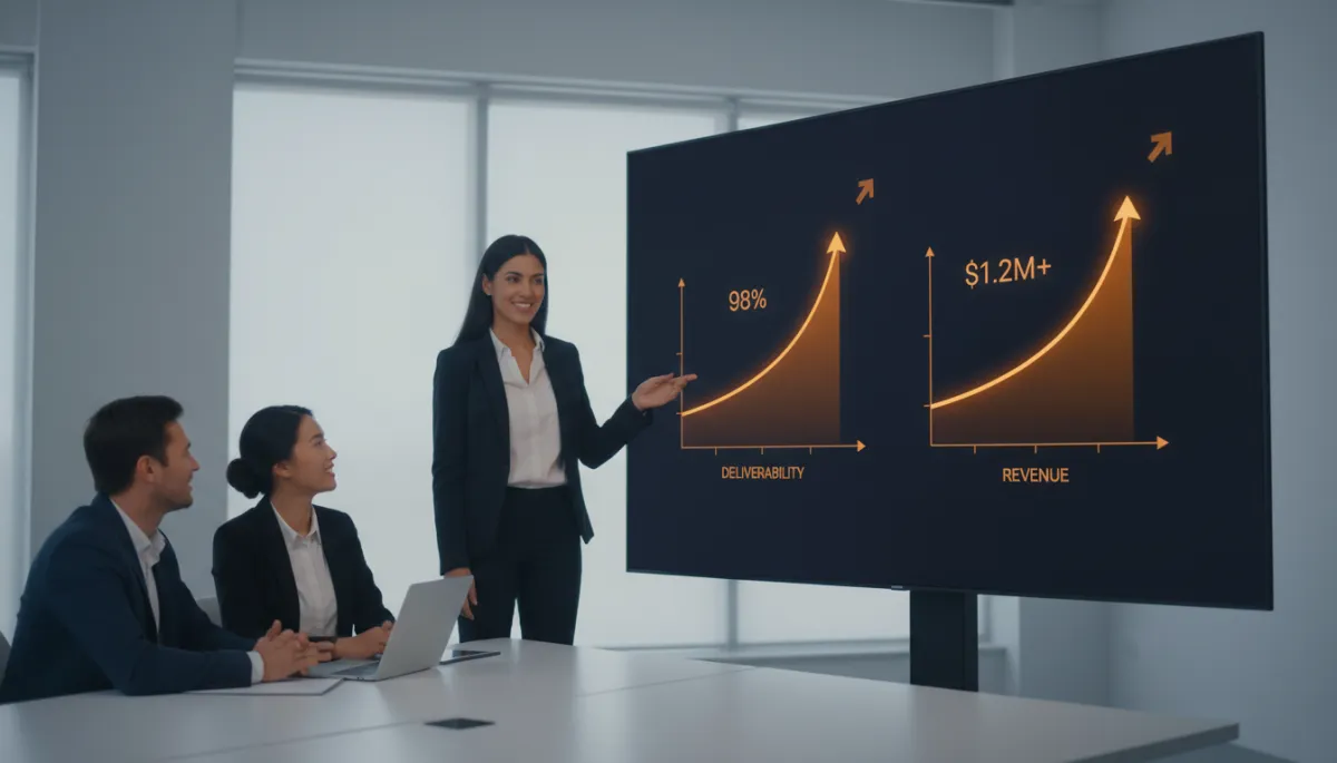 Founder presenting improved email deliverability and revenue metrics to a team