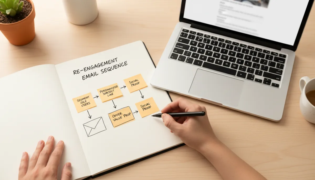 Founder mapping a re-engagement email sequence beside a laptop