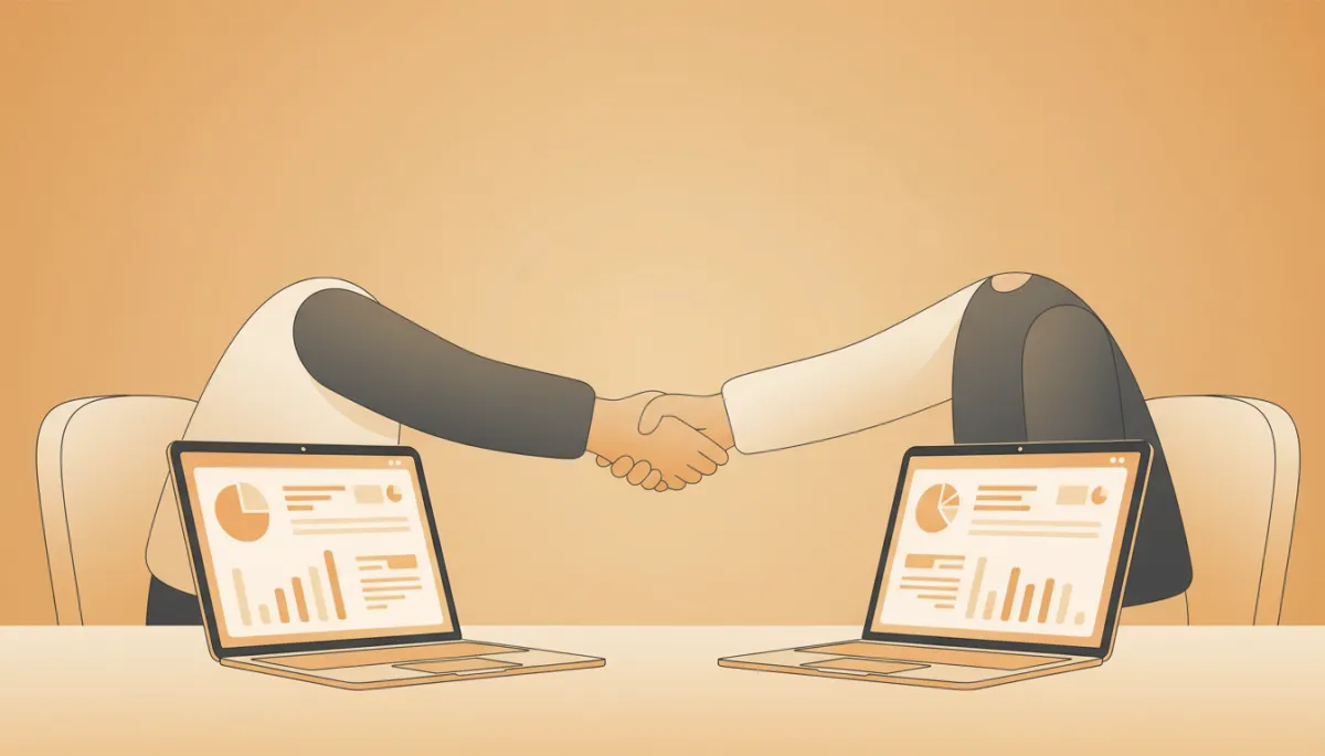 Two startup founders partnering on a joint email campaign in a modern office