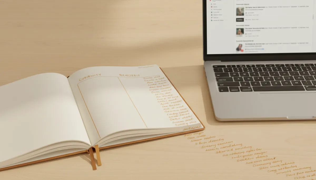 Notebook showing curiosity, specificity, and benefit subject line categories beside laptop
