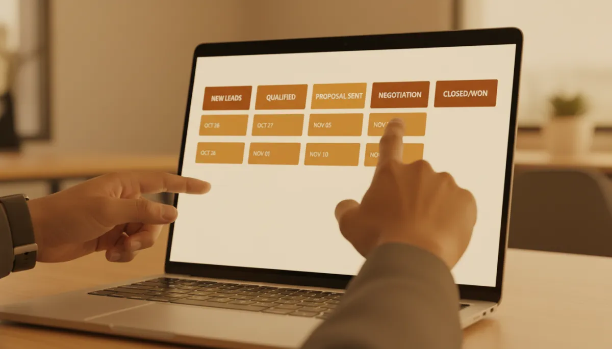 CRM pipeline board showing stages and next follow-up dates