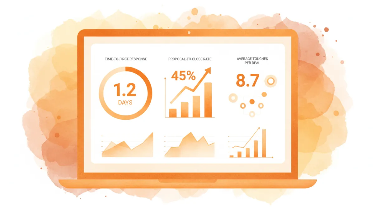 Analytics dashboard showing key sales follow-up performance metrics with amber highlights