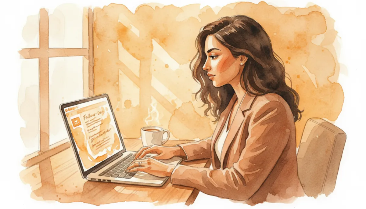 Founder reviewing an AI-generated follow-up email draft with amber interface elements