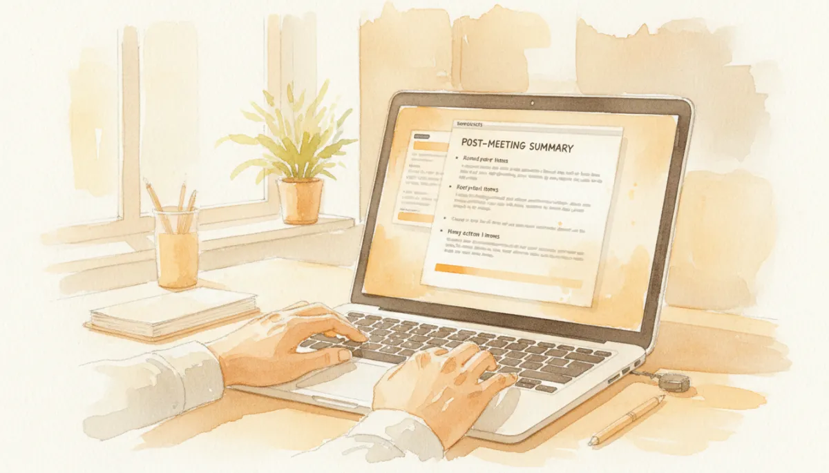 Founder writing a structured post-meeting summary email with amber highlights
