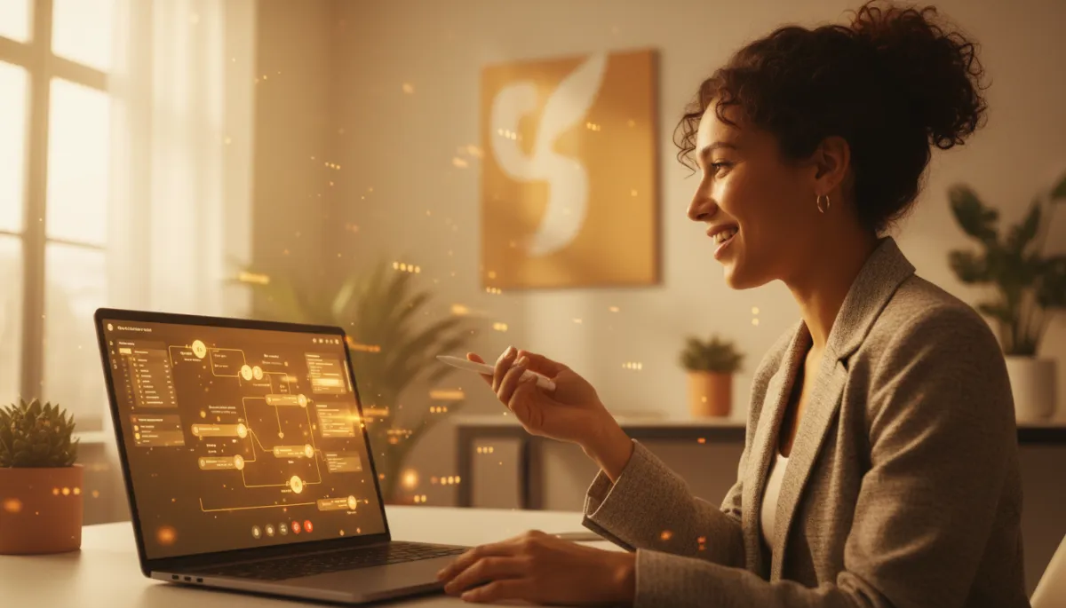 Female founder on a call while automated follow up runs in background