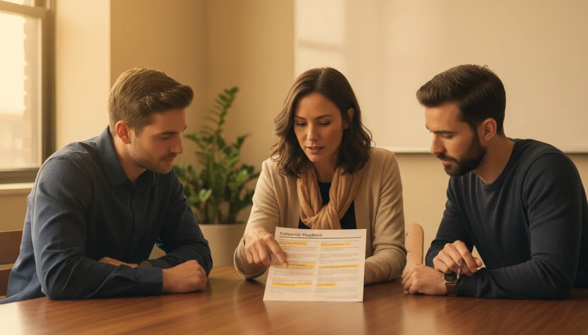 Founder and team reviewing a one-page sales follow-up playbook