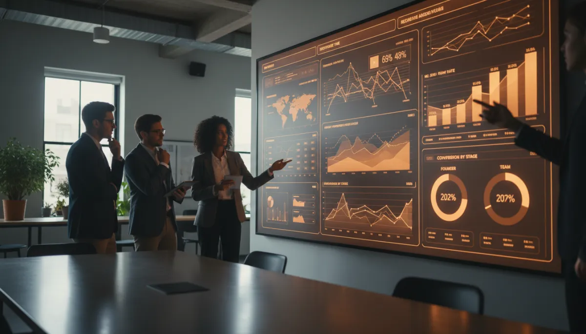 Team reviewing key sales follow-up metrics on an analytics dashboard