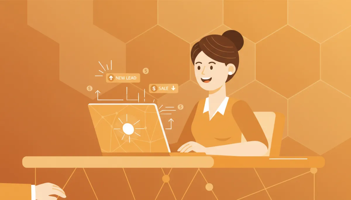 Founder smiling at laptop as new leads and sales come from email sequences