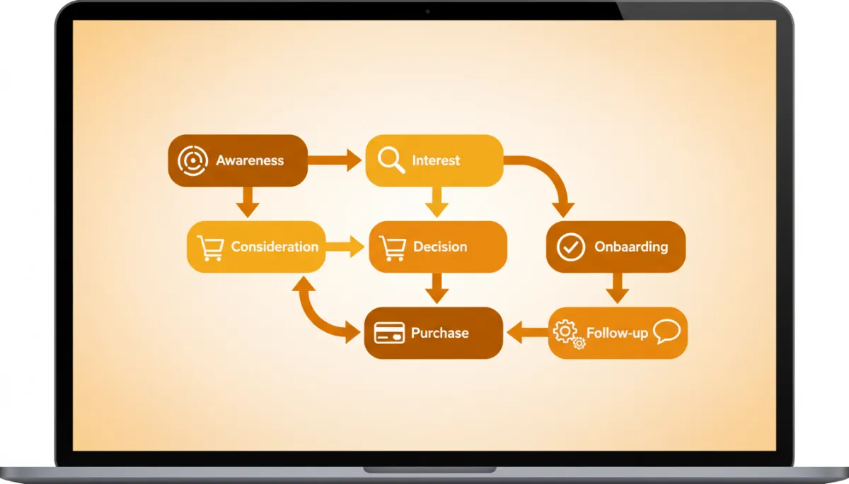 Laptop screen displaying a seven-step email sequence flowchart