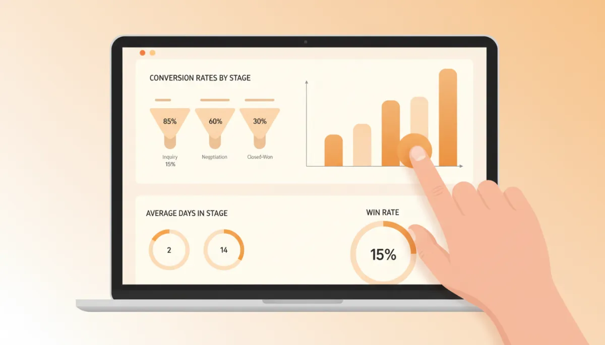 Sales dashboard showing conversion rates and stage duration metrics