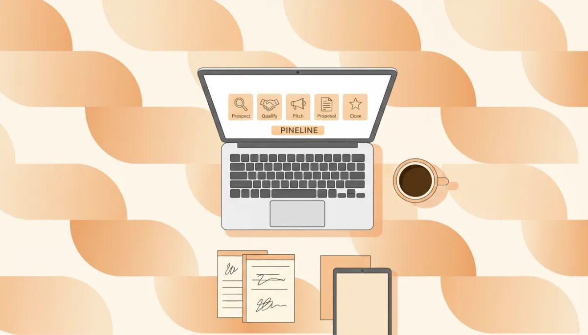Laptop showing a five-stage CRM pipeline for startup sales