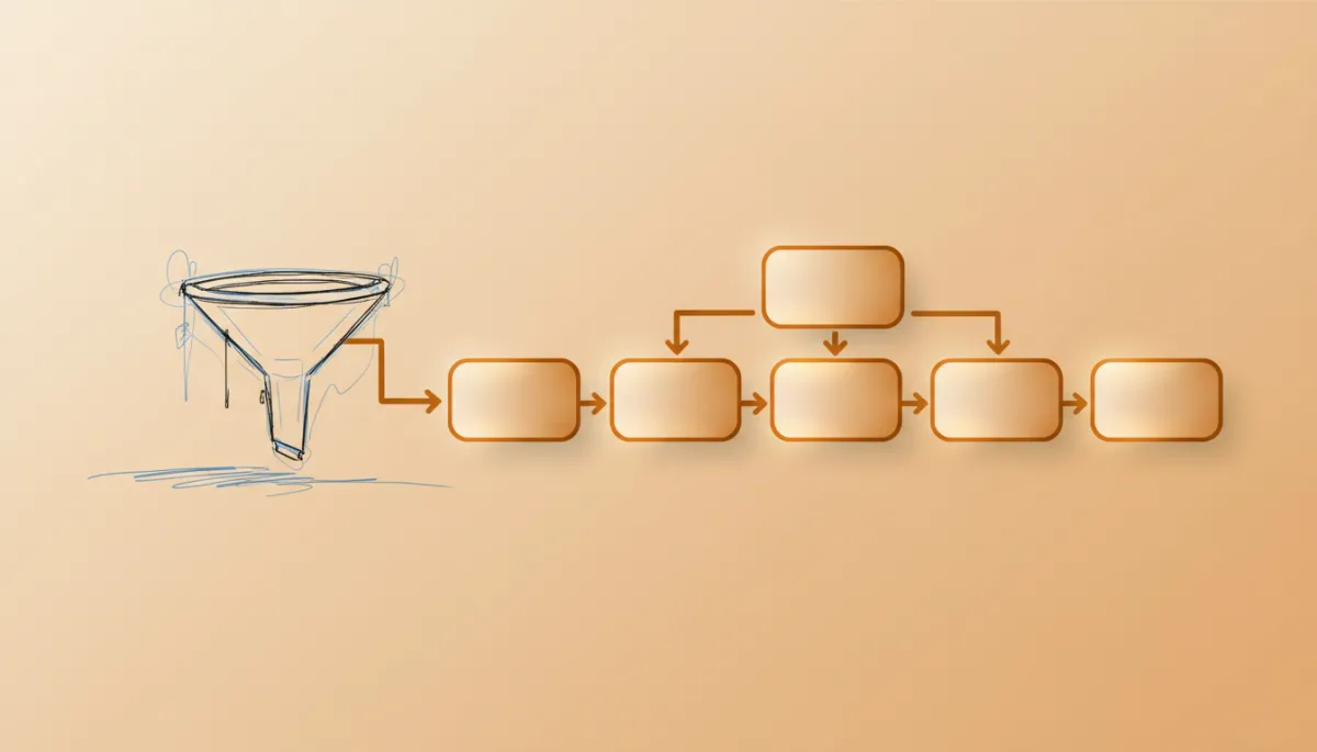 Whiteboard showing an old sales funnel being rebuilt into a clean workflow