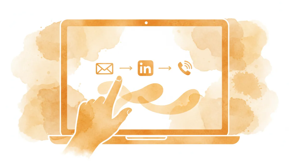 professional photorealistic amber-themed diagram on a laptop screen showing a simple multi-channel outreach sequence from email to LinkedIn to call, founder pointing at the sequence