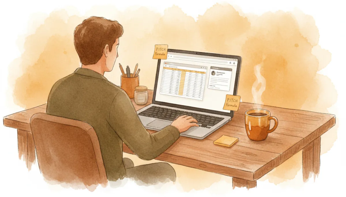 professional photorealistic amber-accented workspace where a founder uses a laptop with a spreadsheet and outreach tool open, sticky notes labeled P.I.T.C.H. Formula, coffee mug nearby