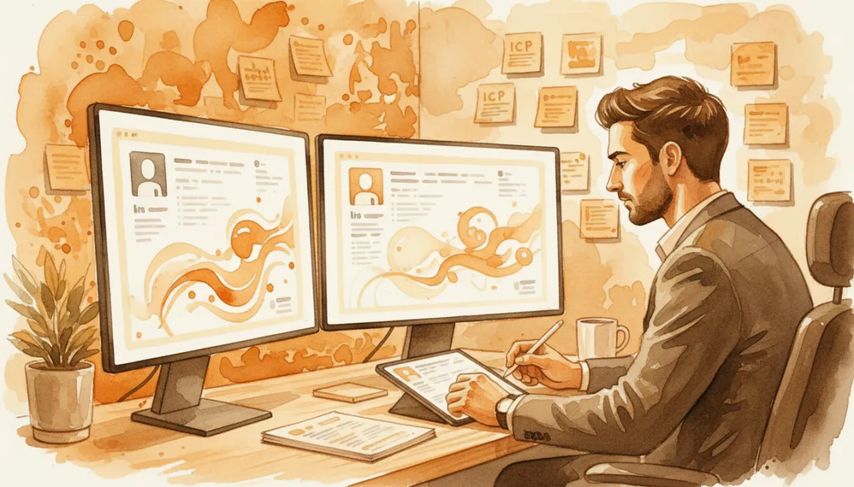 professional photorealistic amber-toned scene of a founder reviewing LinkedIn profiles and CRM data on dual monitors, sticky notes with ICP criteria on the wall, calm focused atmosphere