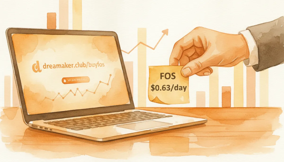 professional photorealistic amber-lit close-up of a founder’s hand placing a sticky note labeled FOS $0.63/day next to a laptop showing dreamaker.club/buyfos webpage, subtle charts in the background